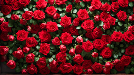 Large group of red roses arranged together with some green leaves mixed in. Generative AI.の素材