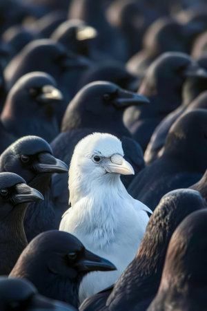 White bird stands out among flock of black birds. Generative AI.の素材