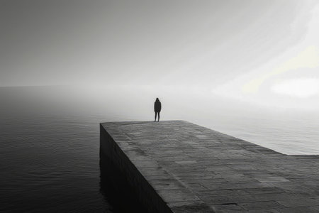 Person is standing on dock in the water. Generative AI.の素材