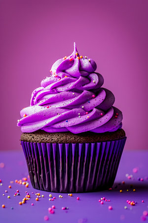 Purple cupcake with white and purple sprinkles on it. Generative AI.の素材