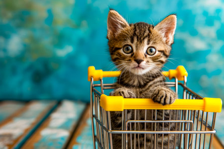 Kitten sitting in shopping cart with blue background. Generative AI.の素材
