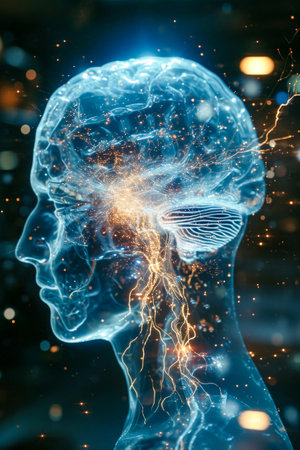 Blue and white illustration of head with electric lines going through it. Generative AI.の素材