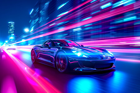 Car that is moving fast on city street at night. Generative AI.の素材