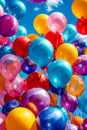 Bunch of colorful balloons floating in the sky. Generative AI.の素材