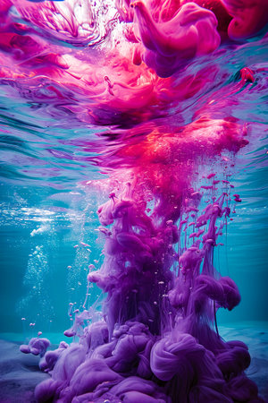 Purple substance is oozing out of tube underwater. Generative AI.の素材