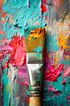 Brush with multi-colored bristles is in front of very colorful and splattered background likely created by the brush's use. Generative AI.の素材