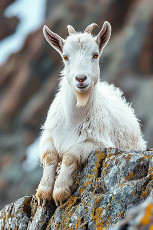 White goat sits on rocky outcrop with moss growing on it. Generative AI.の素材