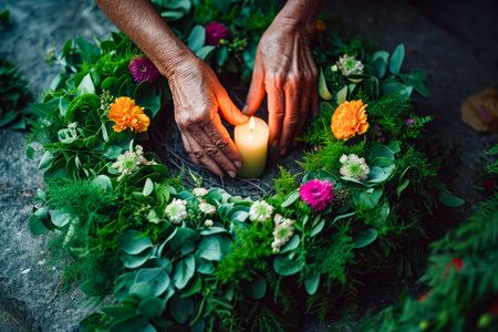 Person's hands holding white candle above wreath of flowers. Generative AI.の素材