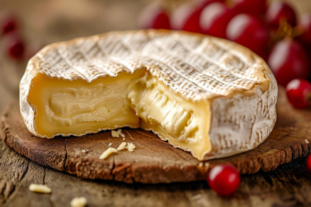 Slice of cheese is on wooden board near some whole berries. Generative AI.の素材