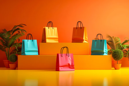 Display of shopping bags sitting on table with one green one pink and two yellow/orange in color. Generative AI.の素材