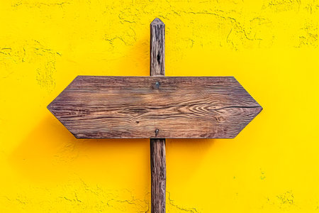 Wooden sign on yellow wall that says "arrow". Generative AI.の素材