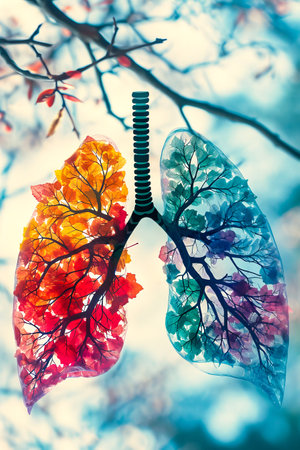 Colorful artistic representation of lung with multiple colored leaves and branches scattered throughout the image to create intriguing visual effect. Generative AI.の素材