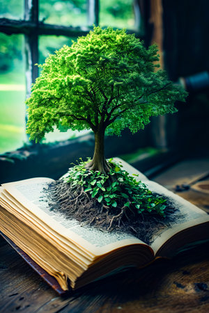 Book with tree inside it is sitting on table. Generative AI.の素材
