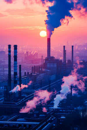 Factory with smoke stacks is shown at sunset giving purple hue to the scene. Generative AI.の素材