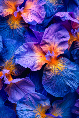 Purple flowers with yellow centers are shown in close up shot. Generative AI.の素材