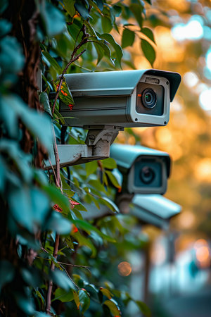 Row of security cameras are mounted on wall surrounded by green bushes. Generative AI.の素材