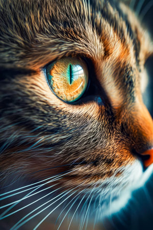 Cat's eye with greenish-yellow pupil surrounded by brown and black fur. Generative AI.の素材