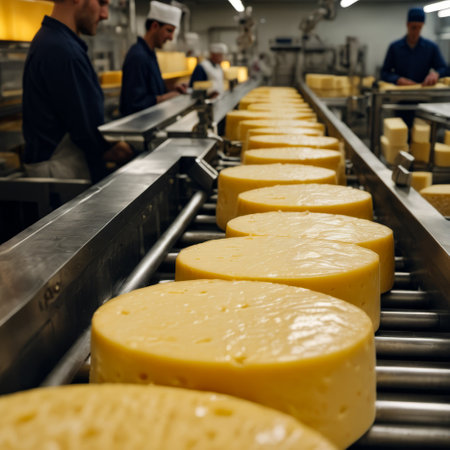 Conveyor belt in cheese factory with several slices of cheese on it. Generative AI.の素材