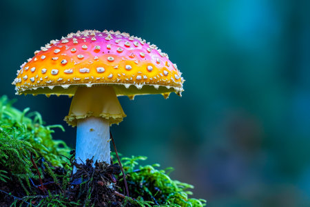 Bright yellow and pink mushroom with many holes on its top in forest setting. Generative AI.の素材