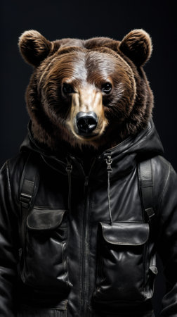 Bear wearing black jacket and backpack. Generative AI.の素材