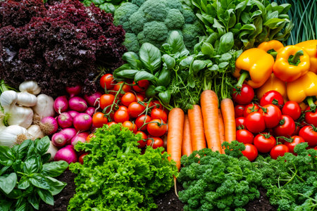Variety of vegetables including carrots and broccoli are displayed in colorful arrangement. Generative AI.の素材