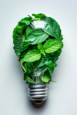 Light bulb with green leaves wrapped around it. Generative AI.の素材