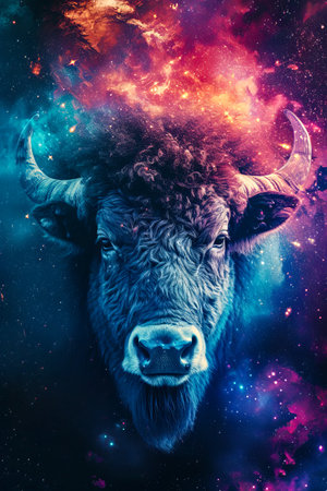 Blue and purple nebula is behind buffalo that has curly hair. Generative AI.の素材