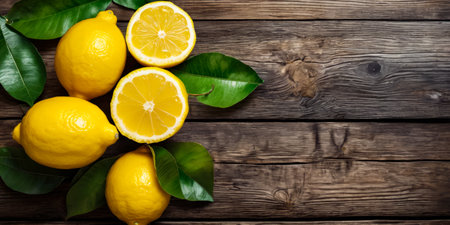 Group of four lemons two on top and two on the bottom arranged in circular fashion with leaves surrounding them. Generative AI.の素材