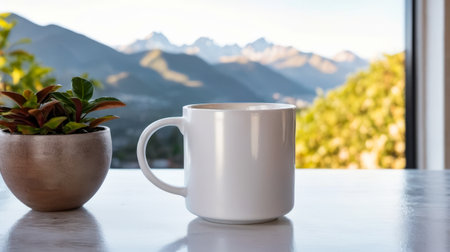 White mug sits next to small potted plant both placed on table with view of mountains in the background. Generative AI.の素材
