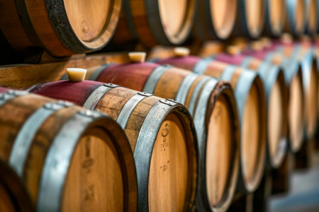 Barrels that are red and purple with yellow in the middle sit next to each other. Generative AI.の素材