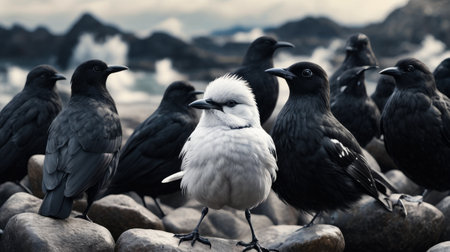Group of black and white birds standing on rocks by the water. Generative AI.の素材