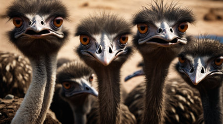 Group of emus with orange eyes stand together in line. Generative AI.の素材