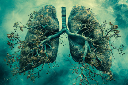Blue and green illustration of two lungs or respiratory system. Generative AI.の素材