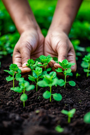 Hand is holding small plant with several other plants growing out of the dirt. Generative AI.の素材