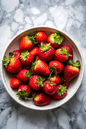 Bowl of red strawberries with green leaves on them. Generative AI.の素材