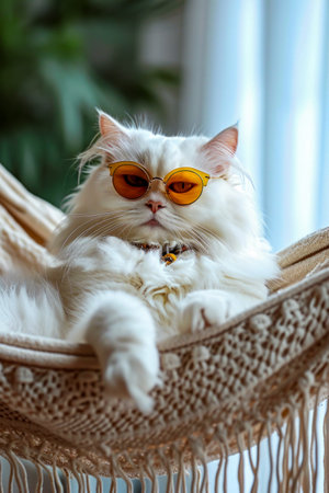 White cat with glasses on and collar around its neck laying in hammock. Generative AI.の素材