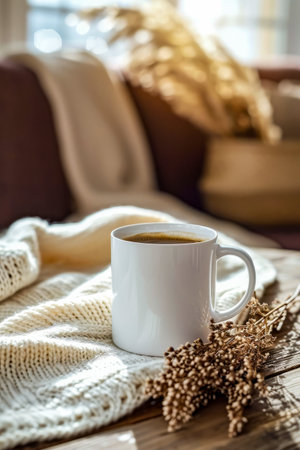 White cup of coffee sits on blanket and some flowers nearby. Generative AI.の素材