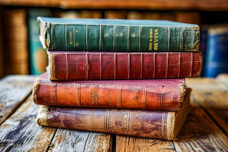 Stack of old books with their spines visible placed on wooden table. Generative AI.の素材