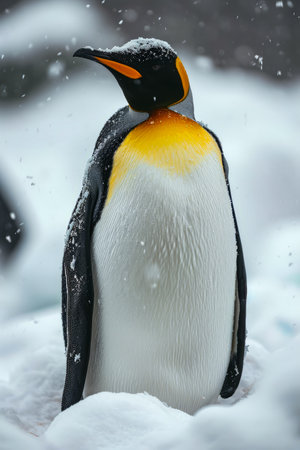 Penguin with yellow beak stands in the snow. Generative AI.の素材