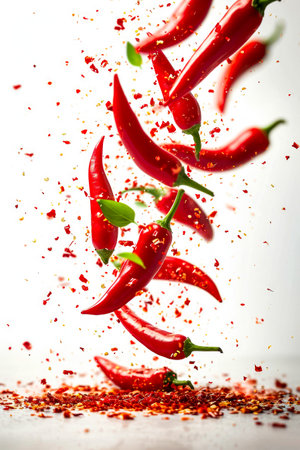 Group of red peppers that are flying through the air. Generative AI.の素材