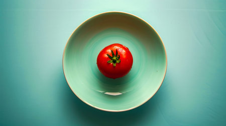Small tomato sits on blue plate. Generative AI.の素材