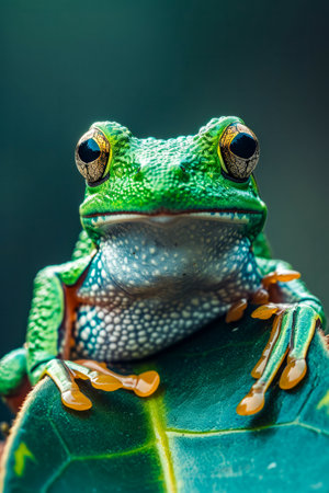 Green frog with blue and yellow spots on its body. Generative AI.の素材