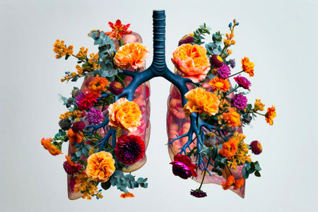 Piece of art depicting colorful detailed lung inside flower-filled body. Generative AI.の素材