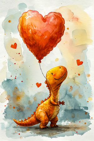 Cartoon drawing of dinosaur holding heart shaped balloon. Generative AI.の素材