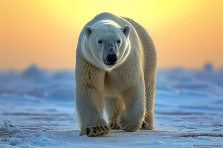 Polar bear stands on snow and ice with its mouth open. Generative AI.の素材