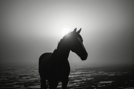 Silhouette of horse with harness on its face is standing in front of large body of water under foggy sky. Generative AI.の素材
