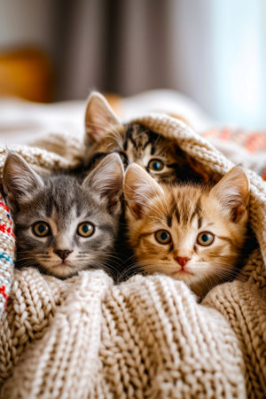 Three kittens peeking out from knitted blanket. Generative AI.の素材