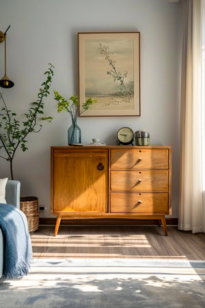 Wooden dresser with three drawers is in room with plant chair and clock on top of it. Generative AI.の素材