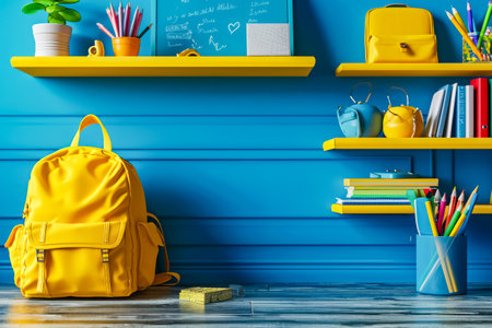 Yellow backpack is sitting in front of blue wall with other school supplies such as books and pencils nearby on the table. Generative AI.の素材