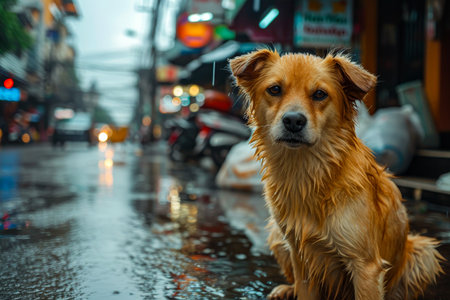 Wet dog is sitting on sidewalk in front of building with signs written in English and another language. Generative AI.の素材
